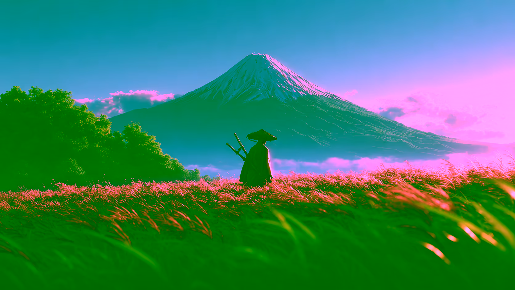 Samurai standing in a misty landscape